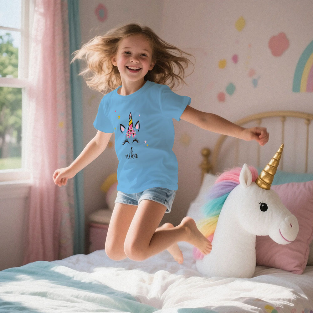 Custom Kid's Pajama Unicorn Style for Little Girls Soft Modal Fabric Homewear, Personalized PJ Sizes 39in to 59in Short Sleeve & Shorts