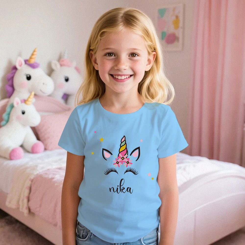 Custom Kid's Pajama Unicorn Style for Little Girls Soft Modal Fabric Homewear, Personalized PJ Sizes 39in to 59in Short Sleeve & Shorts
