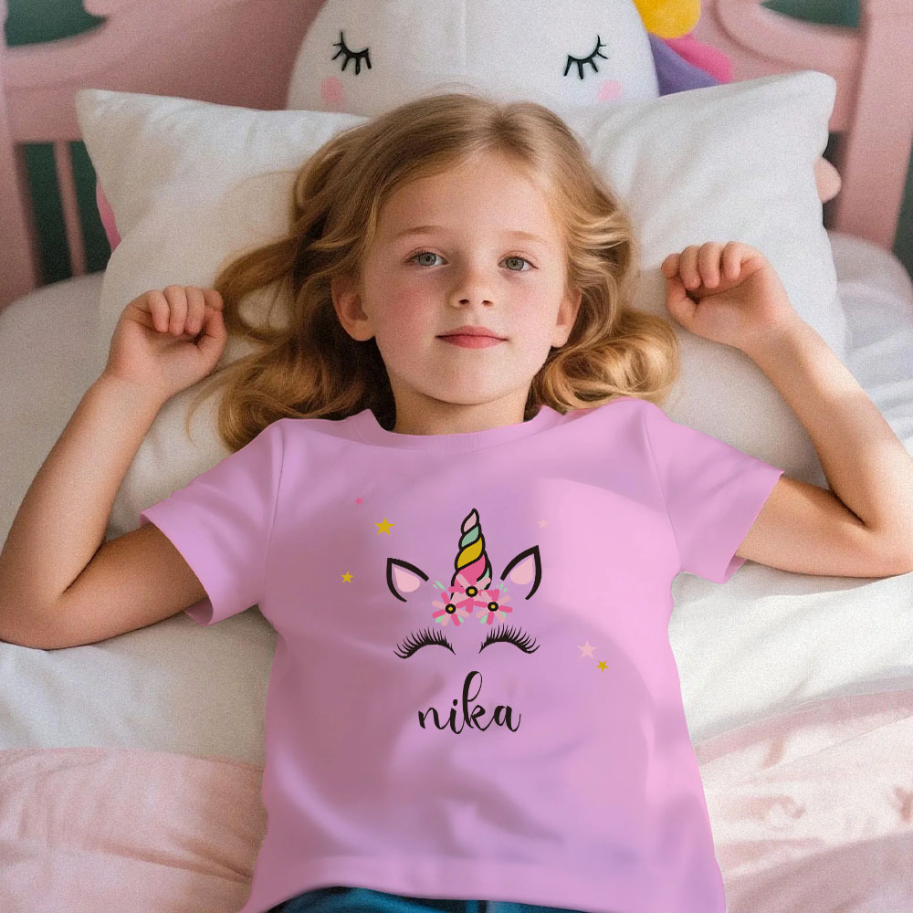 Custom Kid's Pajama Unicorn Style for Little Girls Soft Modal Fabric Homewear, Personalized PJ Sizes 39in to 59in Short Sleeve & Shorts