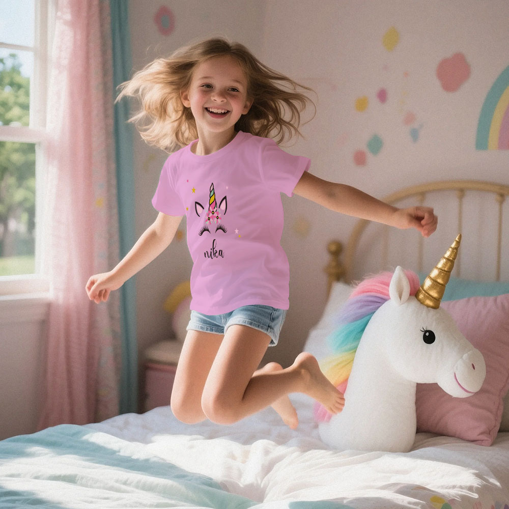 Custom Kid's Pajama Unicorn Style for Little Girls Soft Modal Fabric Homewear, Personalized PJ Sizes 39in to 59in Short Sleeve & Shorts