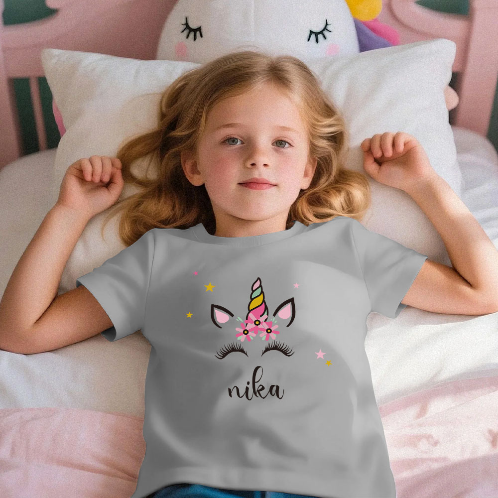 Custom Kid's Pajama Unicorn Style for Little Girls Soft Modal Fabric Homewear, Personalized PJ Sizes 39in to 59in Short Sleeve & Shorts