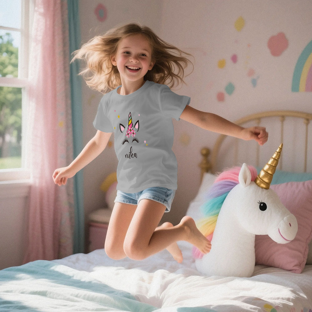 Custom Kid's Pajama Unicorn Style for Little Girls Soft Modal Fabric Homewear, Personalized PJ Sizes 39in to 59in Short Sleeve & Shorts