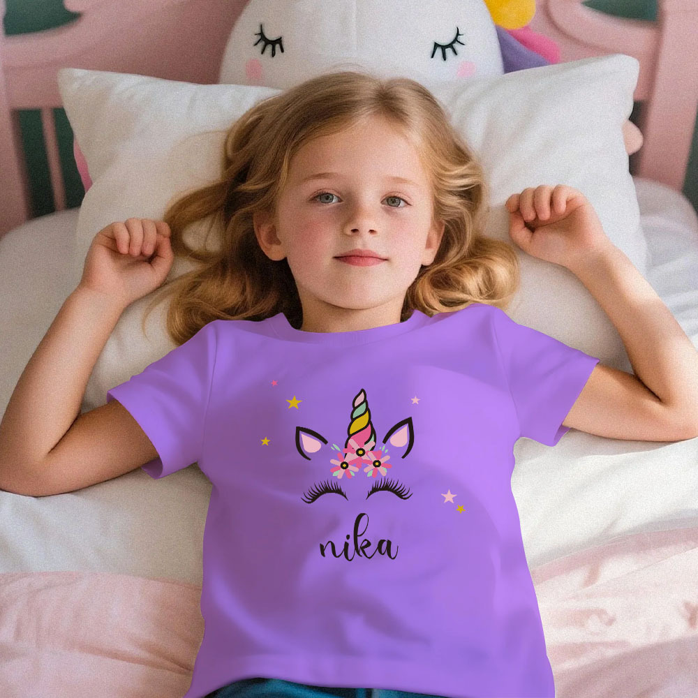 Custom Kid's Pajama Unicorn Style for Little Girls Soft Modal Fabric Homewear, Personalized PJ Sizes 39in to 59in Short Sleeve & Shorts