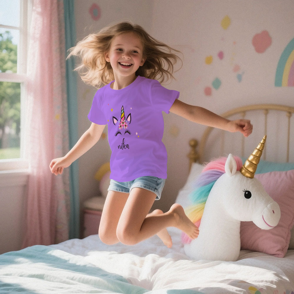 Custom Kid's Pajama Unicorn Style for Little Girls Soft Modal Fabric Homewear, Personalized PJ Sizes 39in to 59in Short Sleeve & Shorts