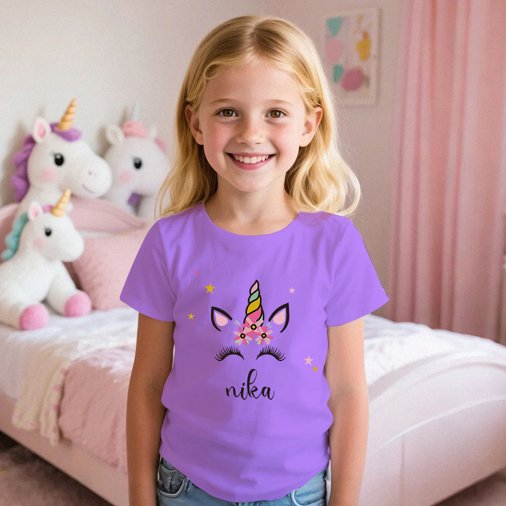 Custom Kid's Pajama Unicorn Style for Little Girls Soft Modal Fabric Homewear, Personalized PJ Sizes 39in to 59in Short Sleeve & Shorts