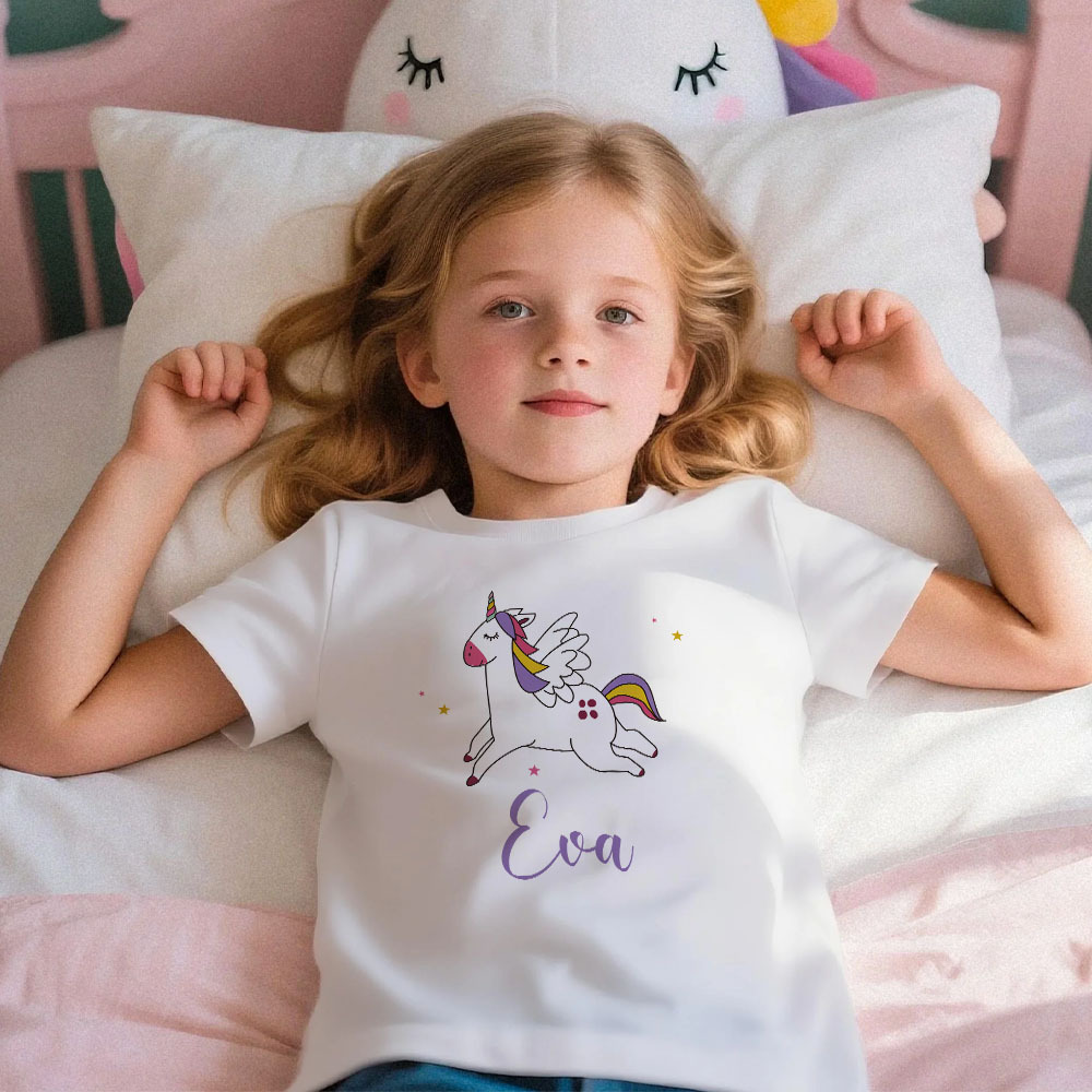 Custom Kid's Pajama Unicorn Style for Little Girls Soft Modal Fabric Homewear, Personalized PJ Sizes 39in to 59in Short Sleeve & Shorts