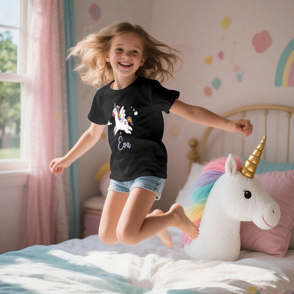 Custom Kid's Pajama Unicorn Style for Little Girls Soft Modal Fabric Homewear, Personalized PJ Sizes 39in to 59in Short Sleeve & Shorts