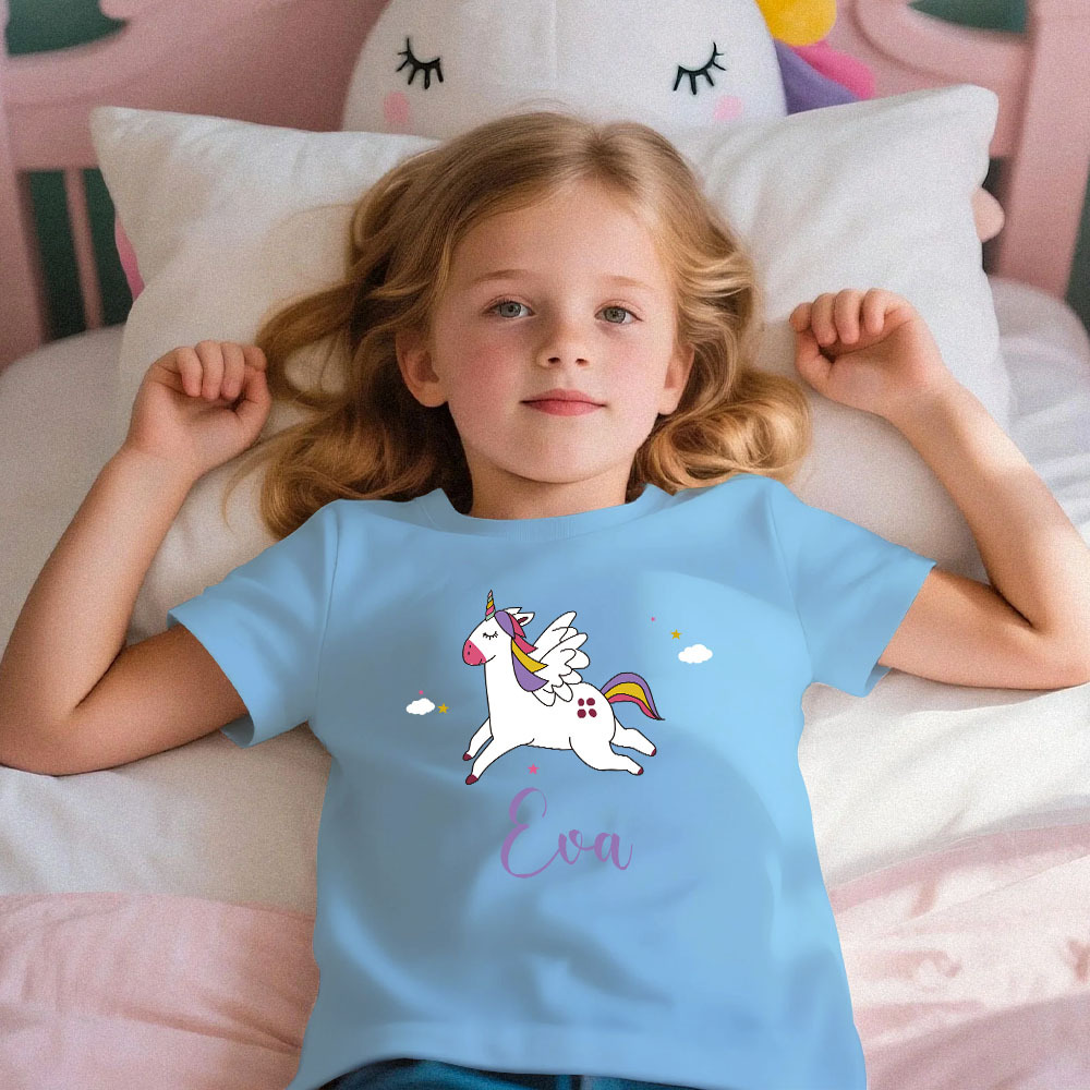 Custom Kid's Pajama Unicorn Style for Little Girls Soft Modal Fabric Homewear, Personalized PJ Sizes 39in to 59in Short Sleeve & Shorts