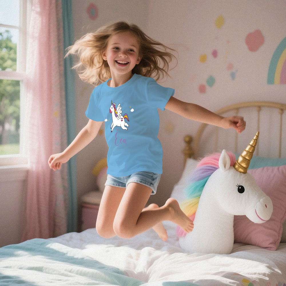 Custom Kid's Pajama Unicorn Style for Little Girls Soft Modal Fabric Homewear, Personalized PJ Sizes 39in to 59in Short Sleeve & Shorts