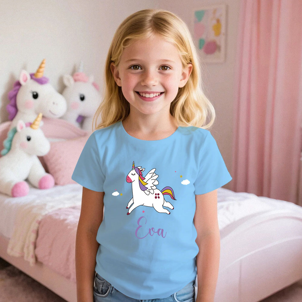Custom Kid's Pajama Unicorn Style for Little Girls Soft Modal Fabric Homewear, Personalized PJ Sizes 39in to 59in Short Sleeve & Shorts