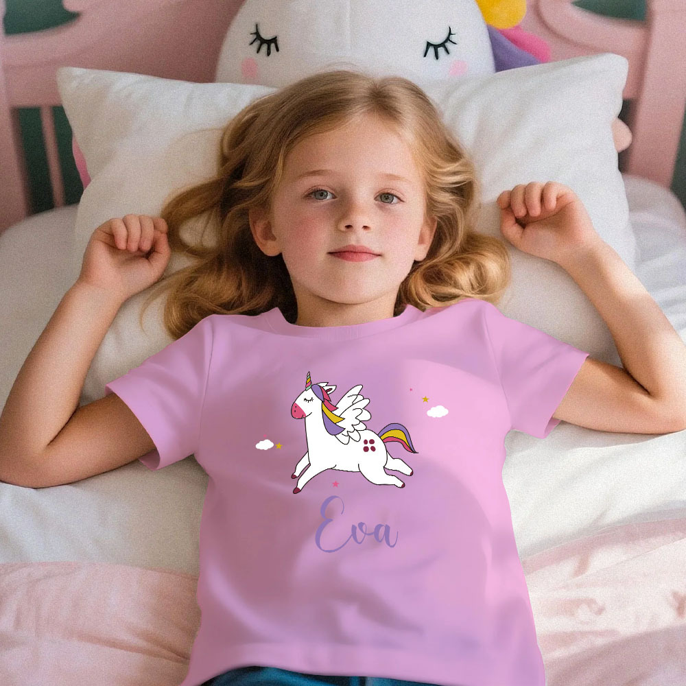 Custom Kid's Pajama Unicorn Style for Little Girls Soft Modal Fabric Homewear, Personalized PJ Sizes 39in to 59in Short Sleeve & Shorts