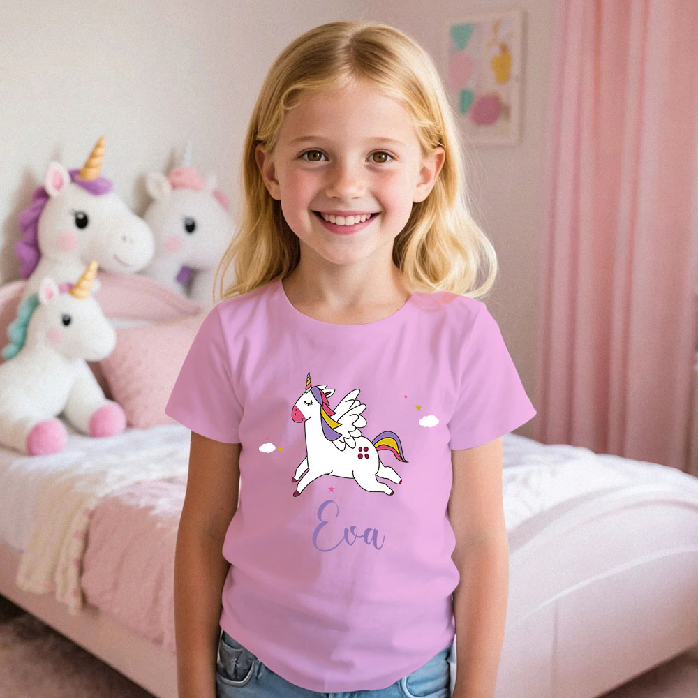 Custom Kid's Pajama Unicorn Style for Little Girls Soft Modal Fabric Homewear, Personalized PJ Sizes 39in to 59in Short Sleeve & Shorts