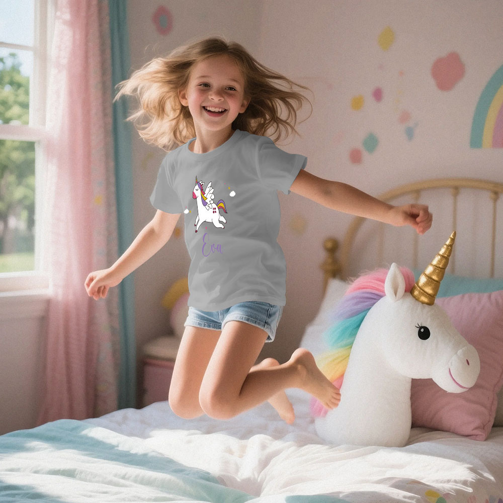 Custom Kid's Pajama Unicorn Style for Little Girls Soft Modal Fabric Homewear, Personalized PJ Sizes 39in to 59in Short Sleeve & Shorts