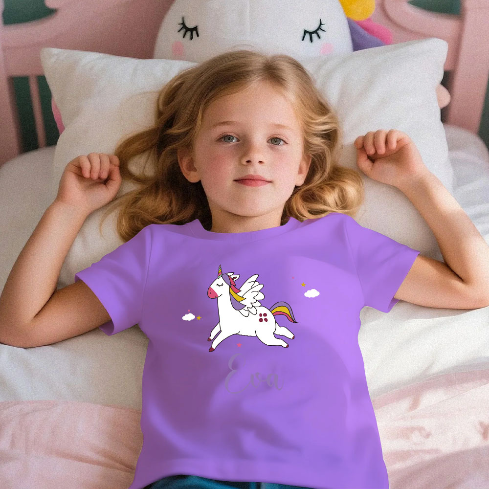 Custom Kid's Pajama Unicorn Style for Little Girls Soft Modal Fabric Homewear, Personalized PJ Sizes 39in to 59in Short Sleeve & Shorts
