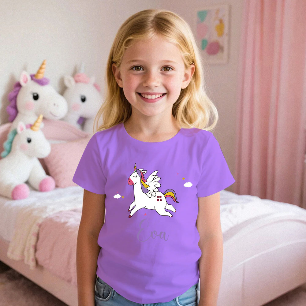 Custom Kid's Pajama Unicorn Style for Little Girls Soft Modal Fabric Homewear, Personalized PJ Sizes 39in to 59in Short Sleeve & Shorts
