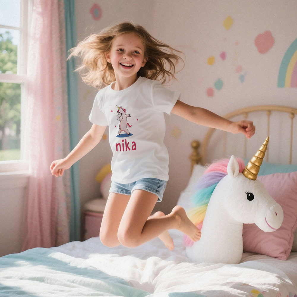 Custom Kid's Pajama Unicorn Style for Little Girls Soft Modal Fabric Homewear, Personalized PJ Sizes 39in to 59in Short Sleeve & Shorts