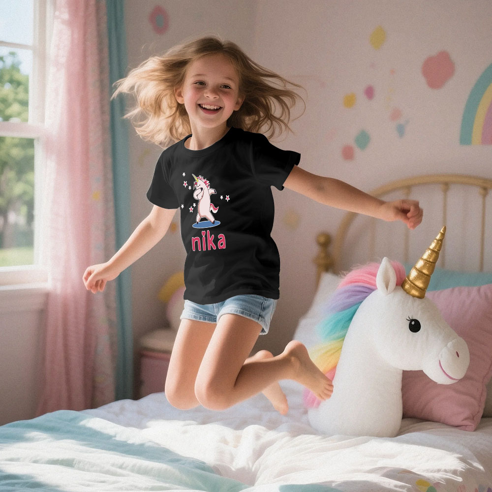 Custom Kid's Pajama Unicorn Style for Little Girls Soft Modal Fabric Homewear, Personalized PJ Sizes 39in to 59in Short Sleeve & Shorts