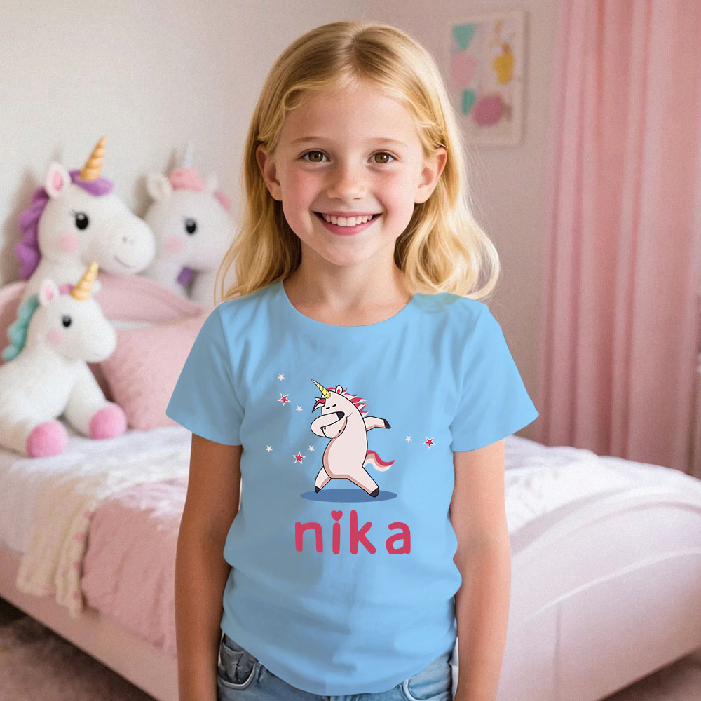 Custom Kid's Pajama Unicorn Style for Little Girls Soft Modal Fabric Homewear, Personalized PJ Sizes 39in to 59in Short Sleeve & Shorts