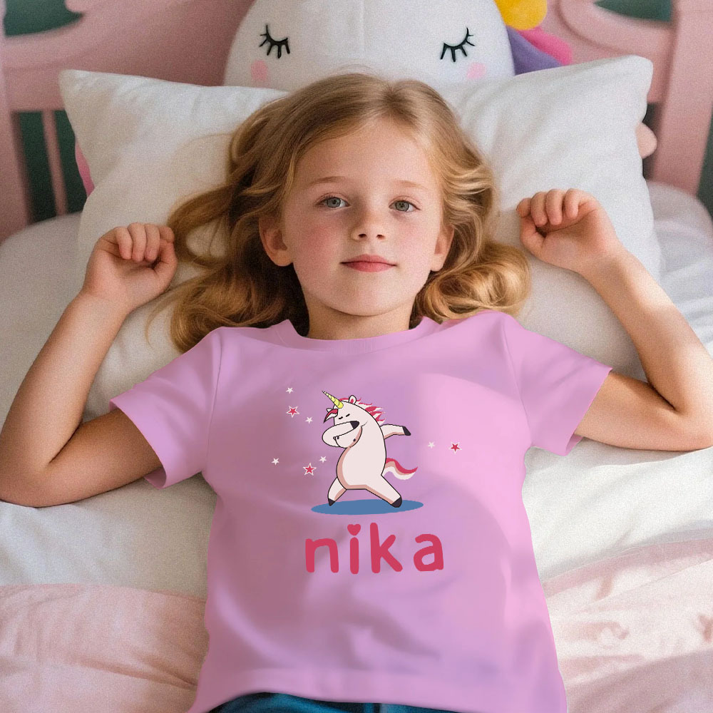 Custom Kid's Pajama Unicorn Style for Little Girls Soft Modal Fabric Homewear, Personalized PJ Sizes 39in to 59in Short Sleeve & Shorts
