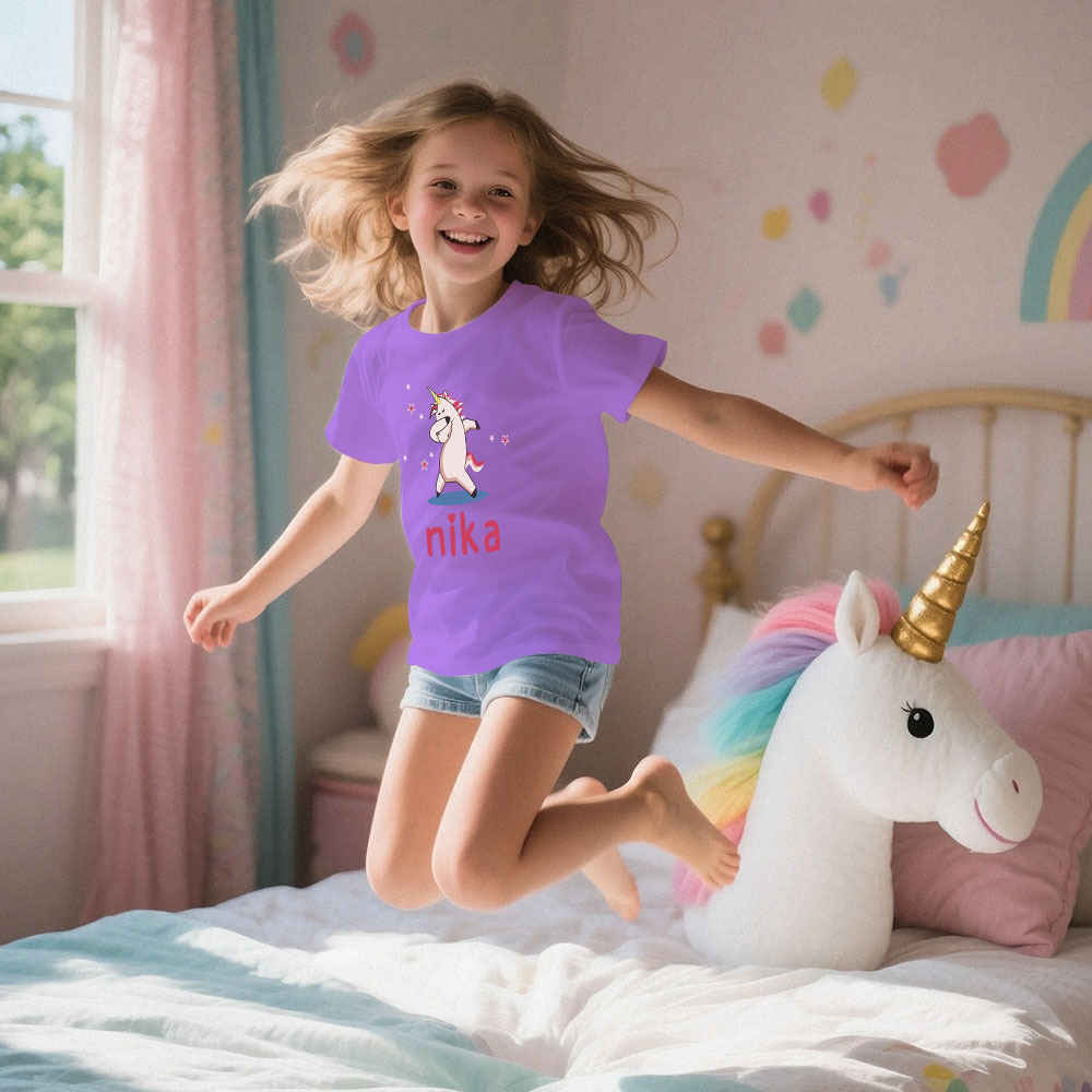 Custom Kid's Pajama Unicorn Style for Little Girls Soft Modal Fabric Homewear, Personalized PJ Sizes 39in to 59in Short Sleeve & Shorts
