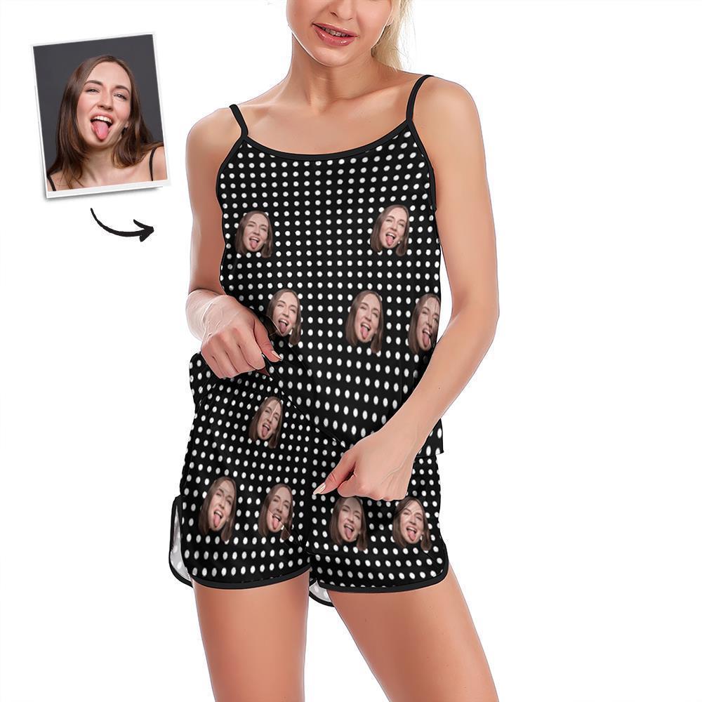 Custom Face Pajamas Suspender Sleepcoat Shorts Lingerie Set Summer Sleepwear - Polka - mysiliconefoodbag