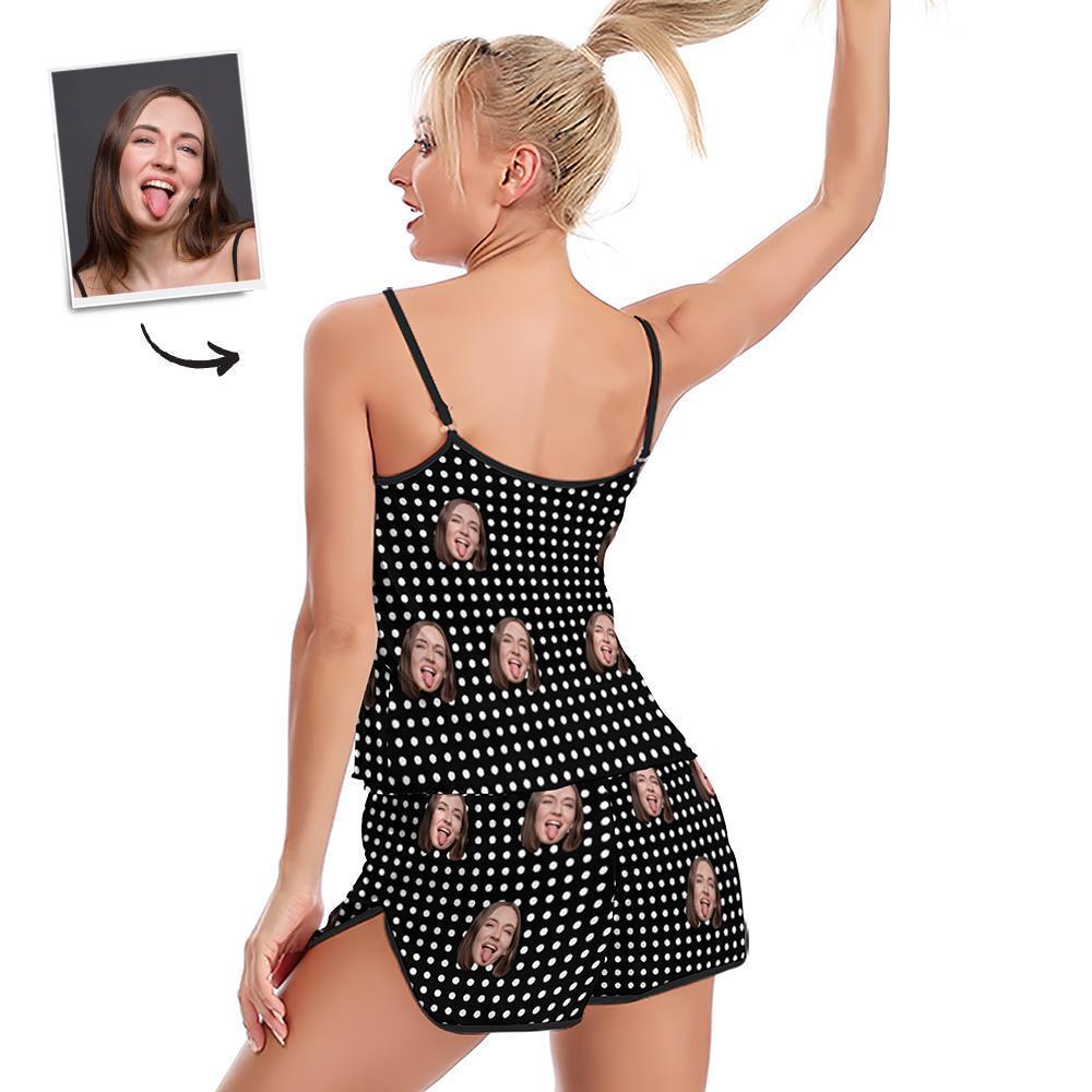 Custom Face Pajamas Suspender Sleepcoat Shorts Lingerie Set Summer Sleepwear - Polka - mysiliconefoodbag