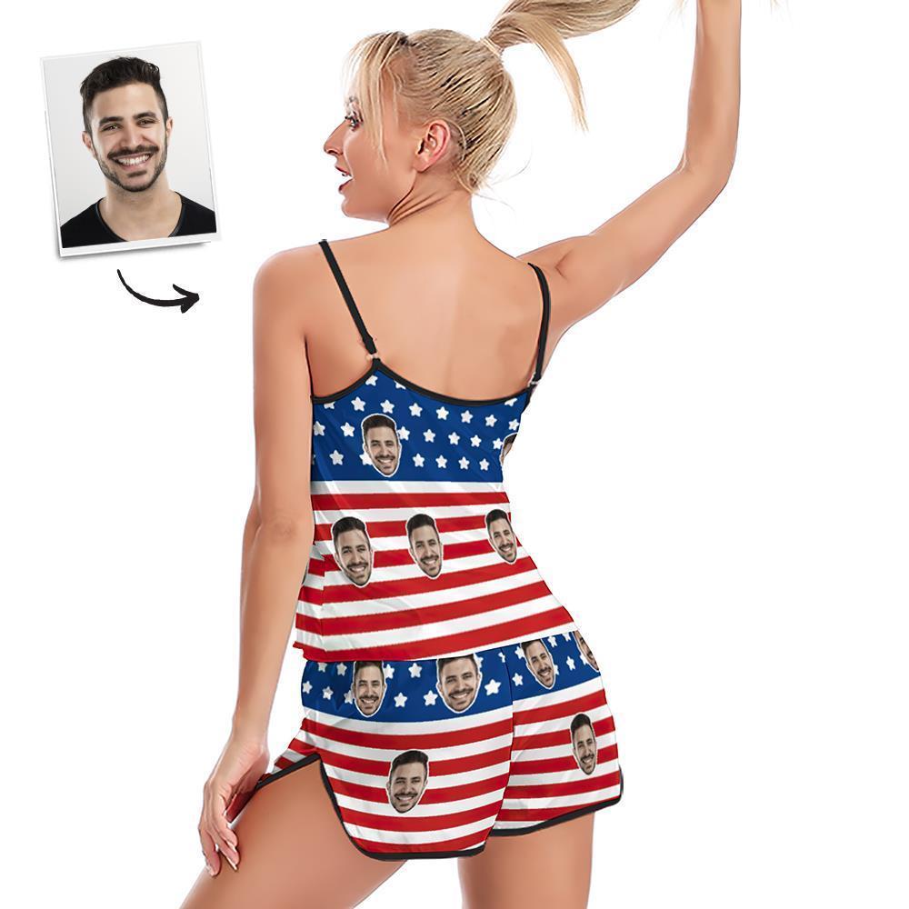 Custom Face Pajamas Suspender Sleepcoat Shorts Lingerie Set Summer Sleepwear - USA Flag - mysiliconefoodbag