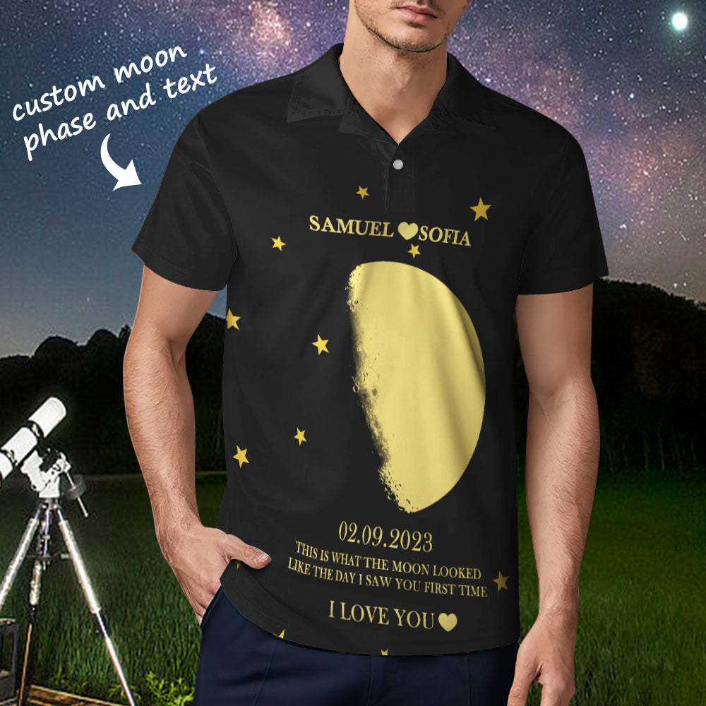 Men's Custom Moon Phase and Names Polo Shirt Personalized Golf Shirts - mysiliconefoodbag