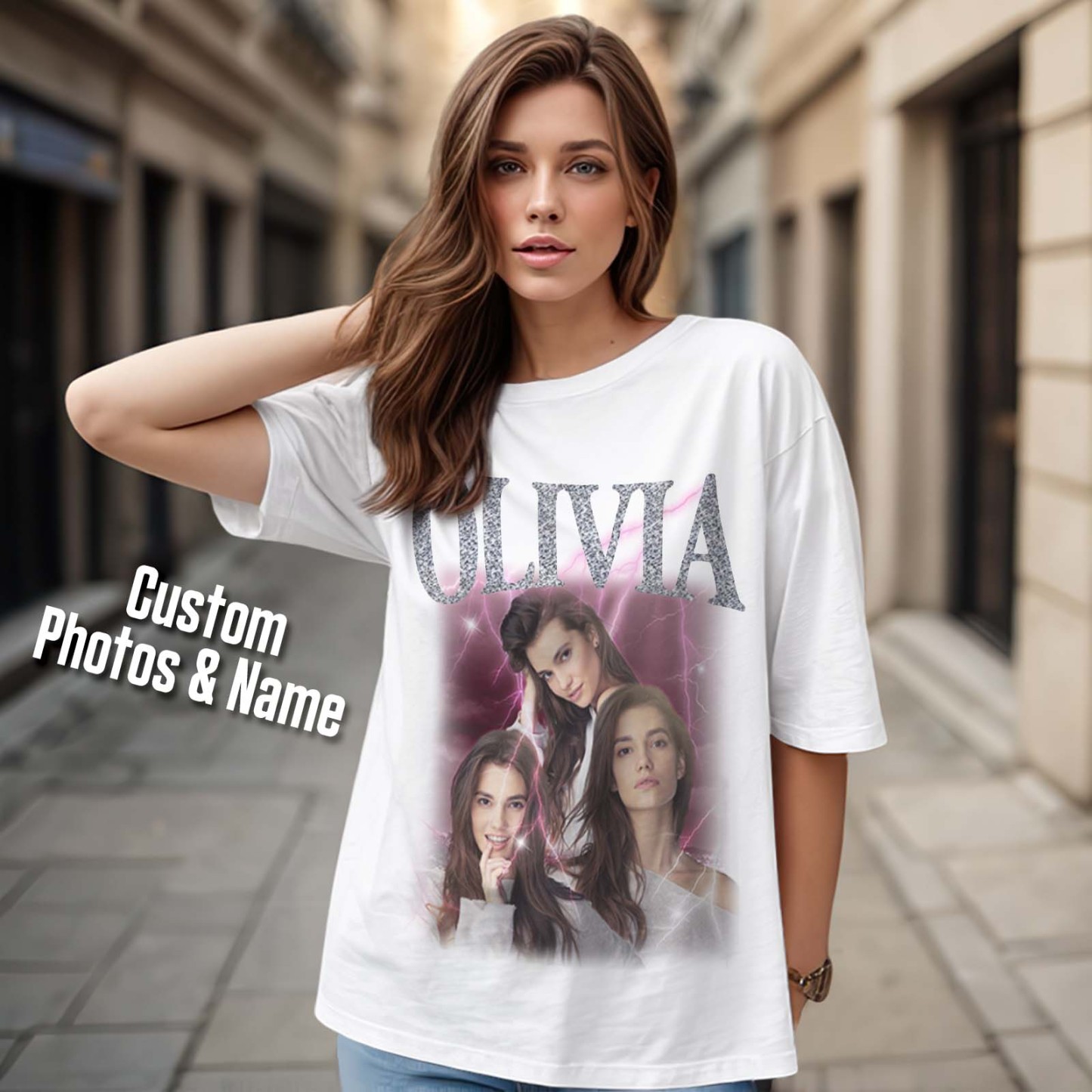 Custom Photo Vintage Tee Personalized Applique Glitter Name T-shirt Couple Gifts