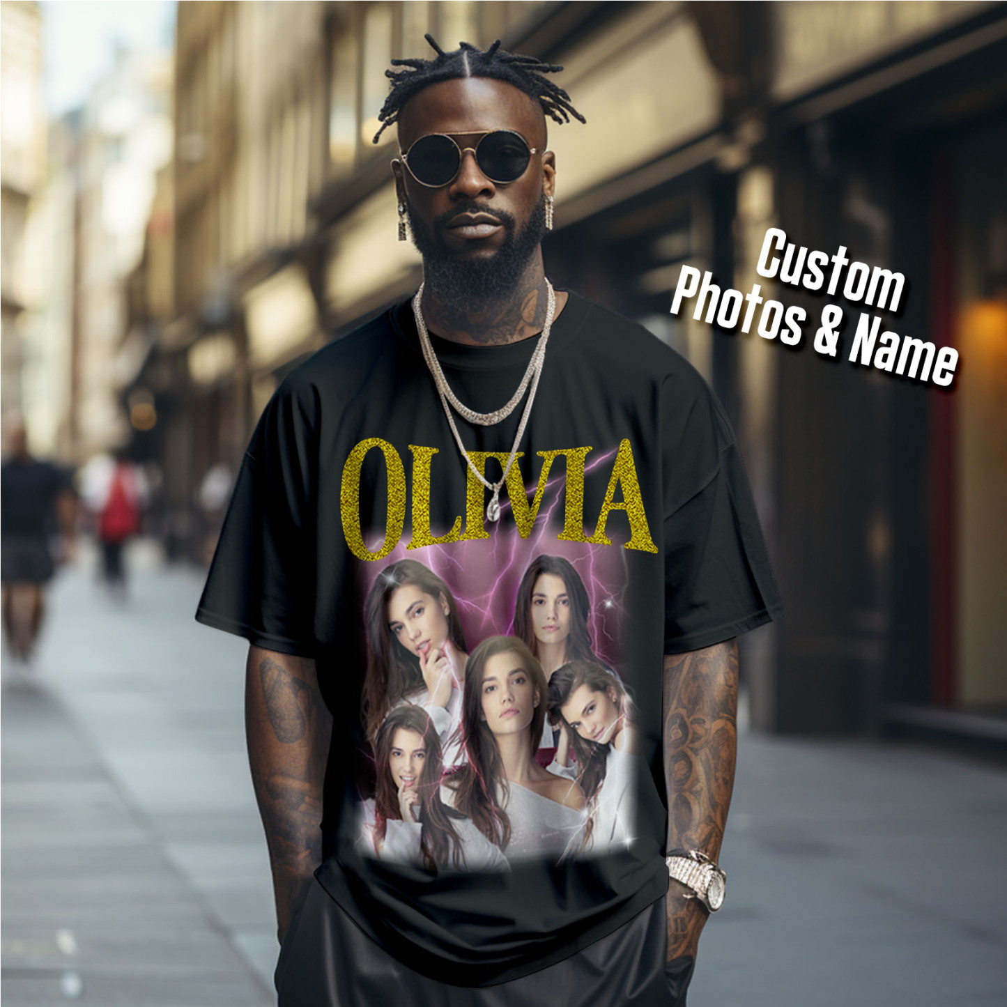 Custom Photo Vintage Tee Personalized Applique Glitter Name T-shirt Couple Gifts