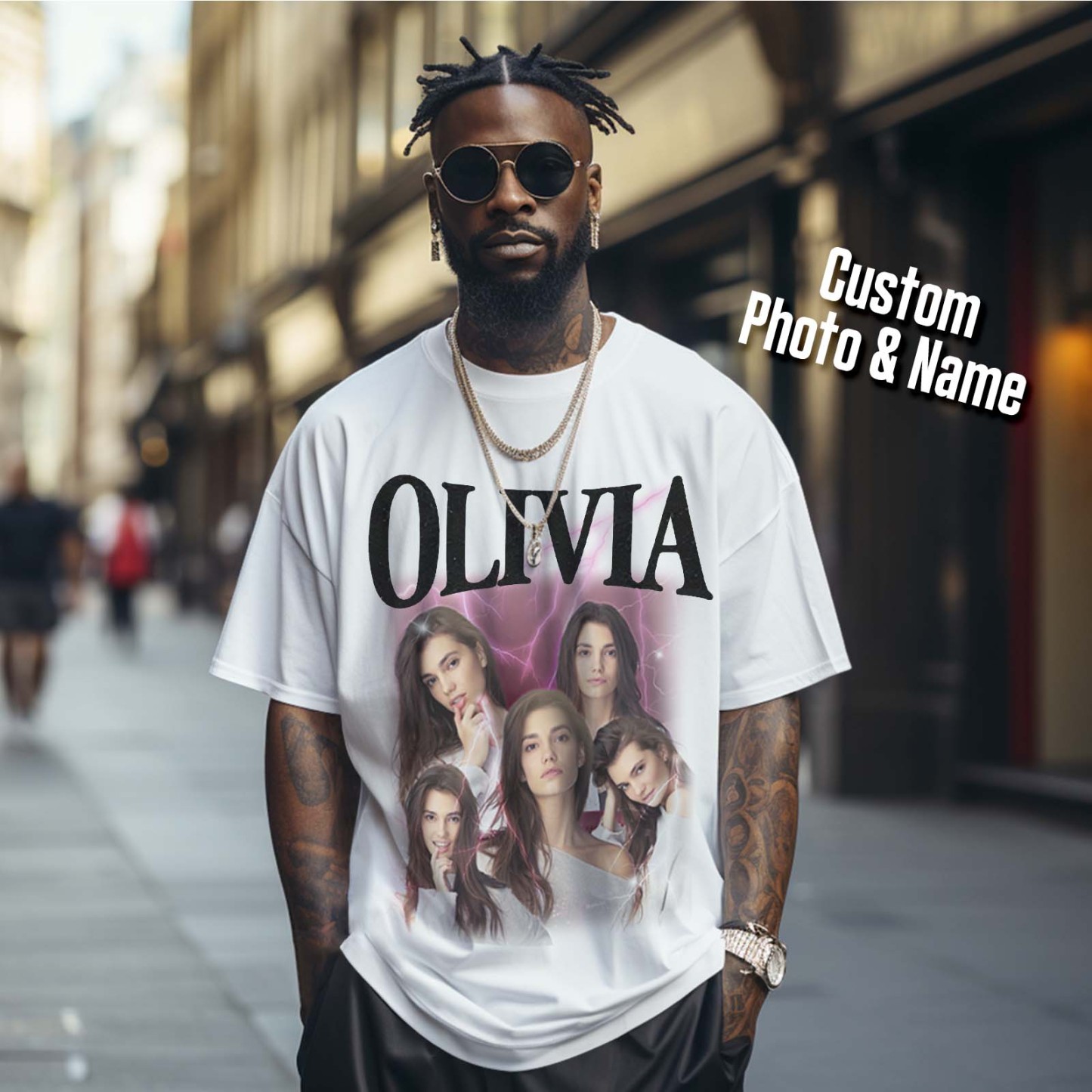 Custom Photo Vintage Tee Personalized Applique Glitter Name T-shirt Couple Gifts