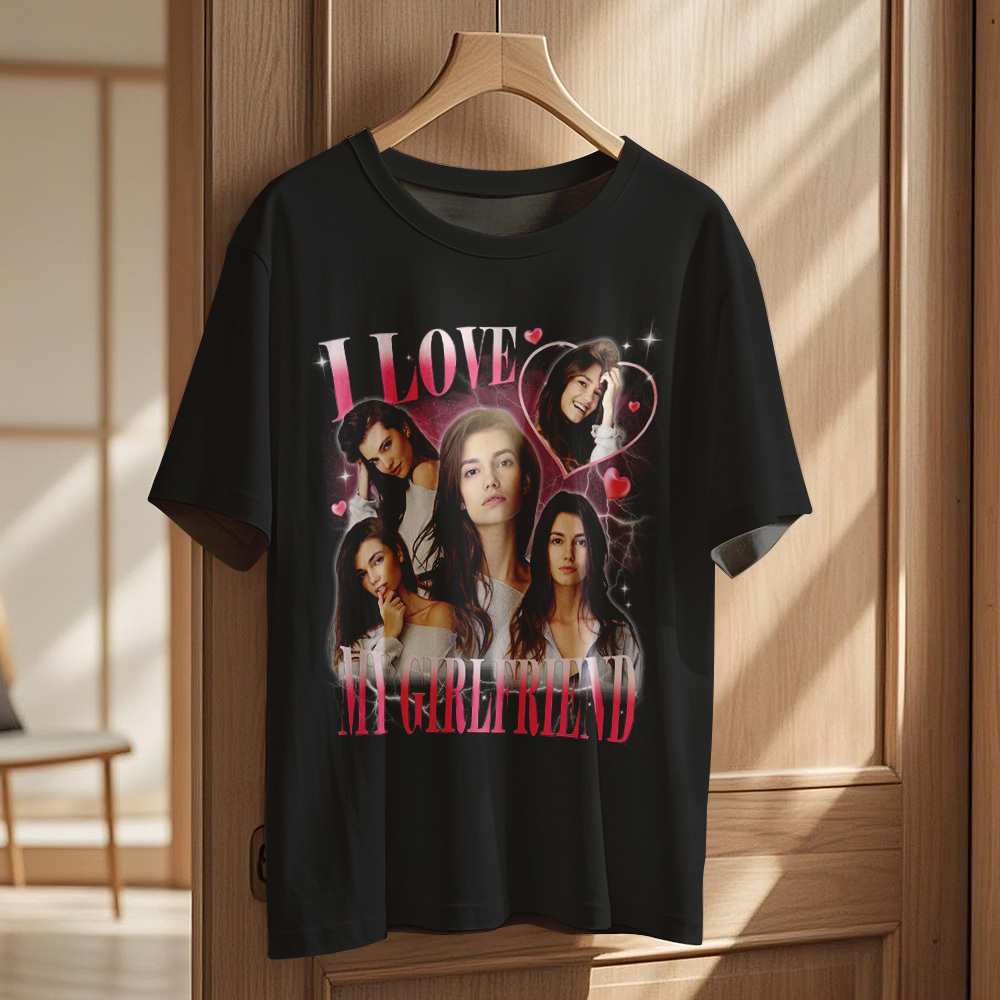 Custom Vintage Photo Printing T-shirt Personalized I Love My Girlfriend Photo Heart T-shirt