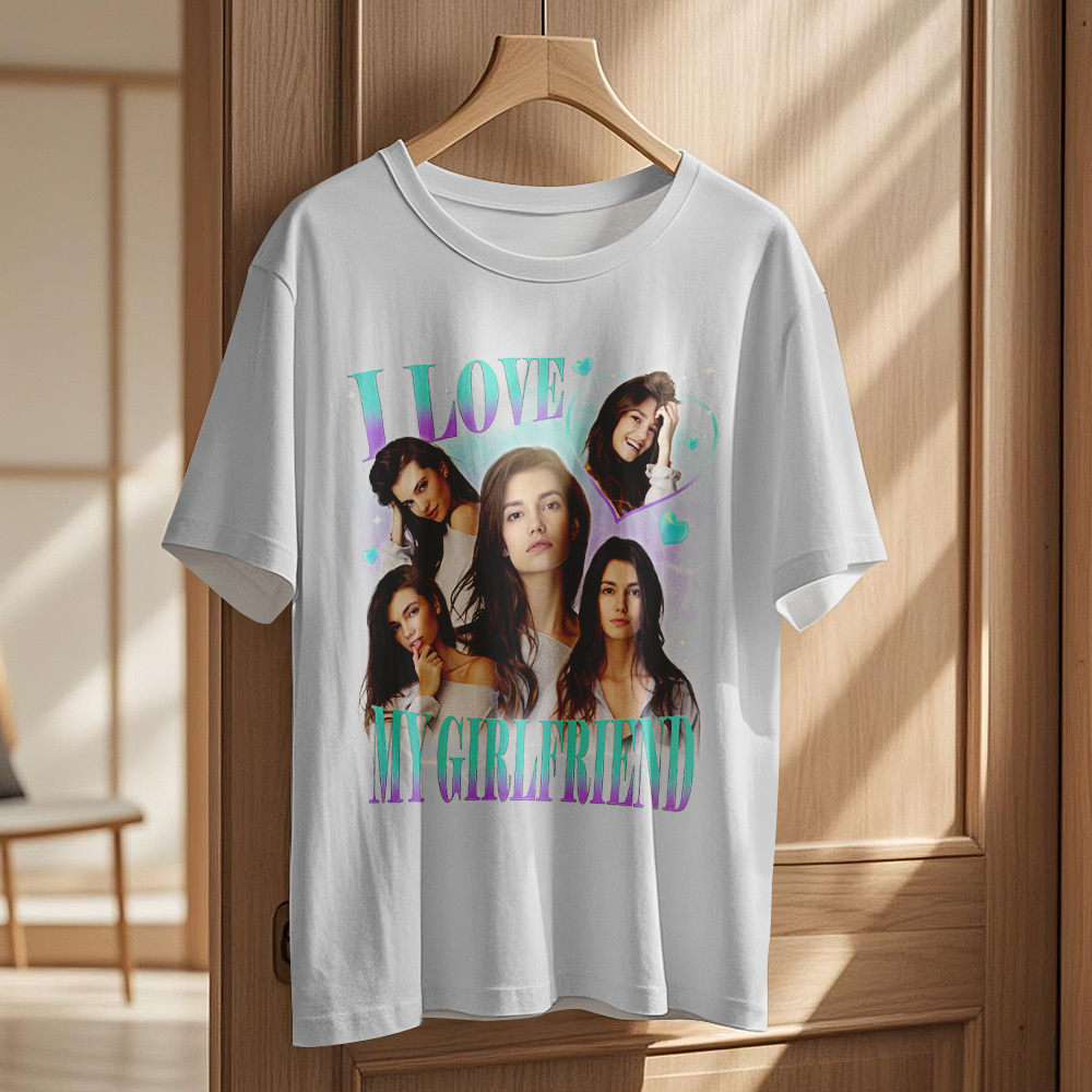 Custom Vintage Photo Printing T-shirt Personalized I Love My Girlfriend Photo Heart T-shirt