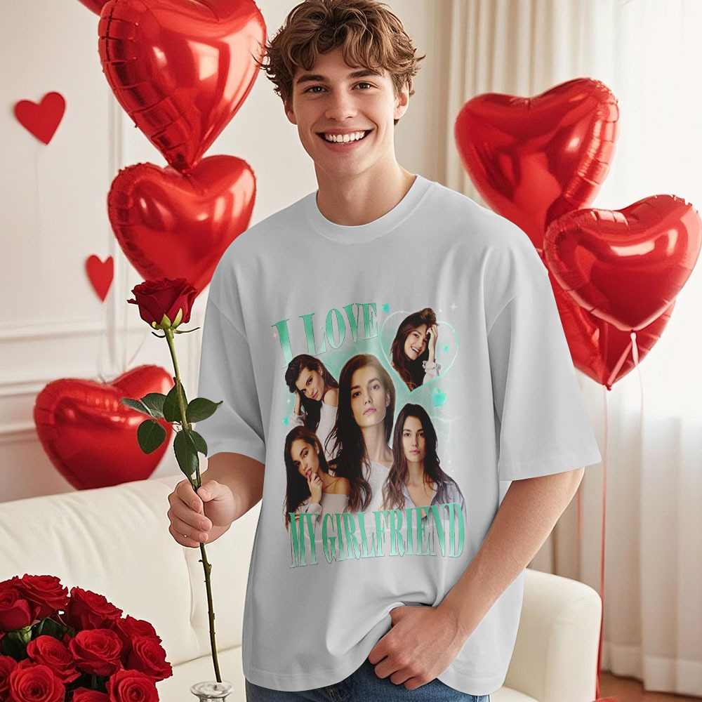 Custom Vintage Photo Printing T-shirt Personalized I Love My Girlfriend Photo Heart T-shirt