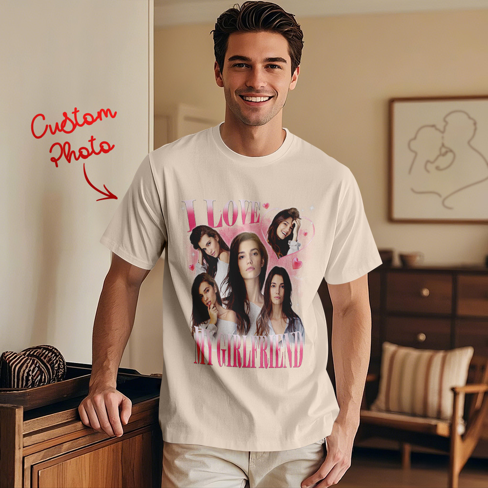 Custom Vintage Photo Printing T-shirt Personalized I Love My Girlfriend Photo Heart T-shirt