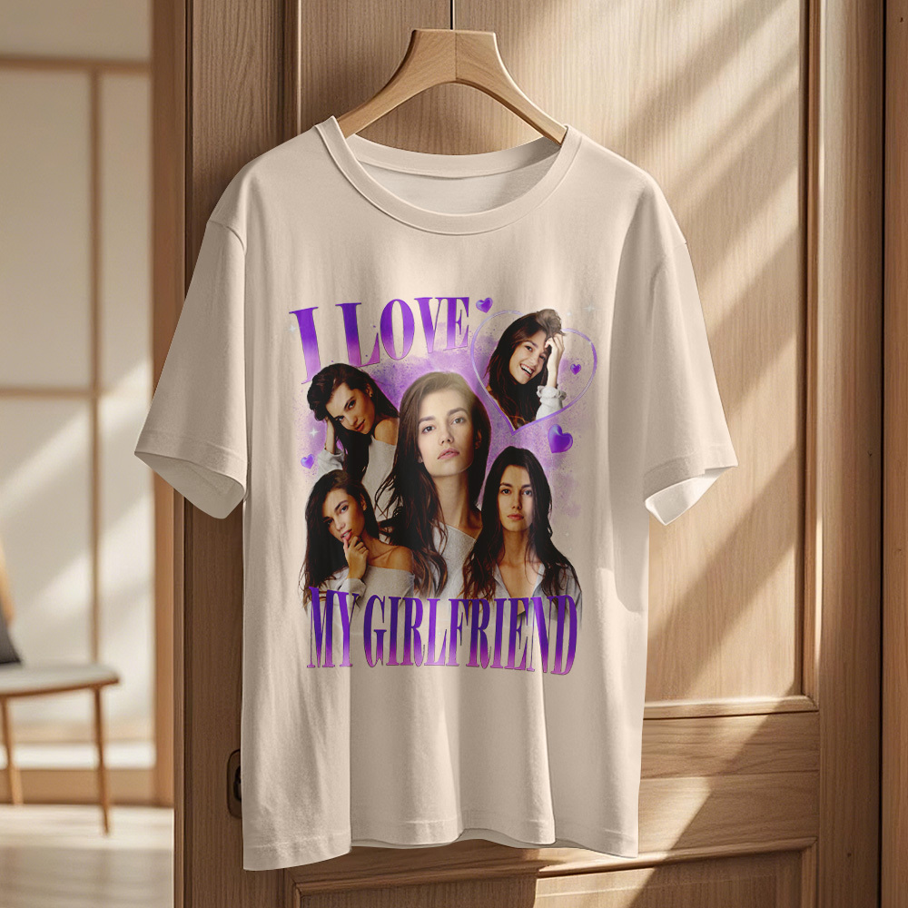 Custom Vintage Photo Printing T-shirt Personalized I Love My Girlfriend Photo Heart T-shirt