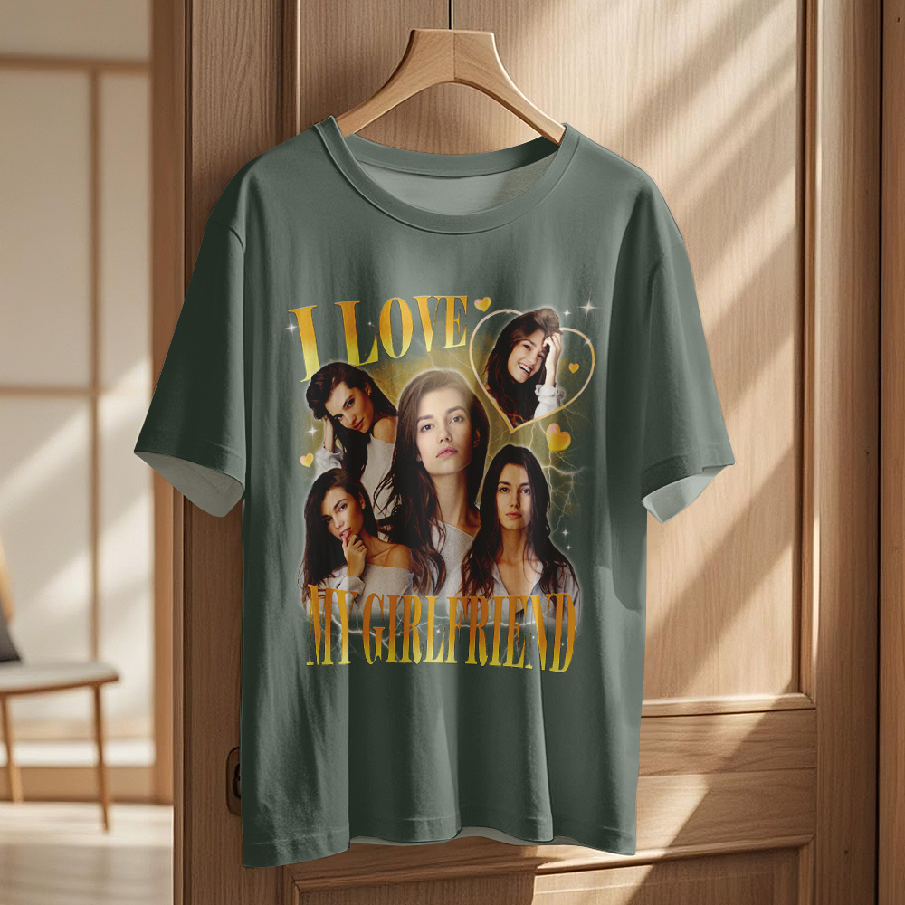 Custom Vintage Photo Printing T-shirt Personalized I Love My Girlfriend Photo Heart T-shirt