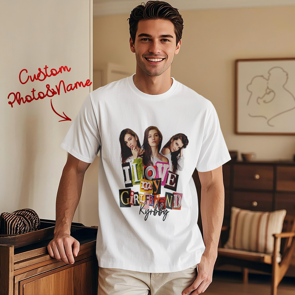 Custom Vintage Photo Printing T-shirt Personalized Name I Love My Girlfriend Photo Vintage T-shirt