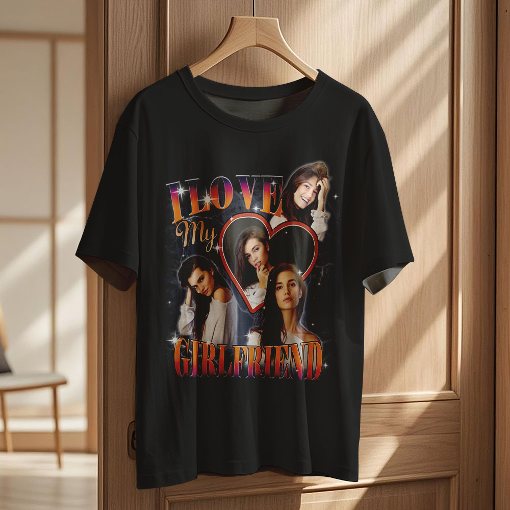 Custom Vintage Photo Printing T-shirt Personalized Soulmate I Love My Girlfriend Photo Heart T-shirt