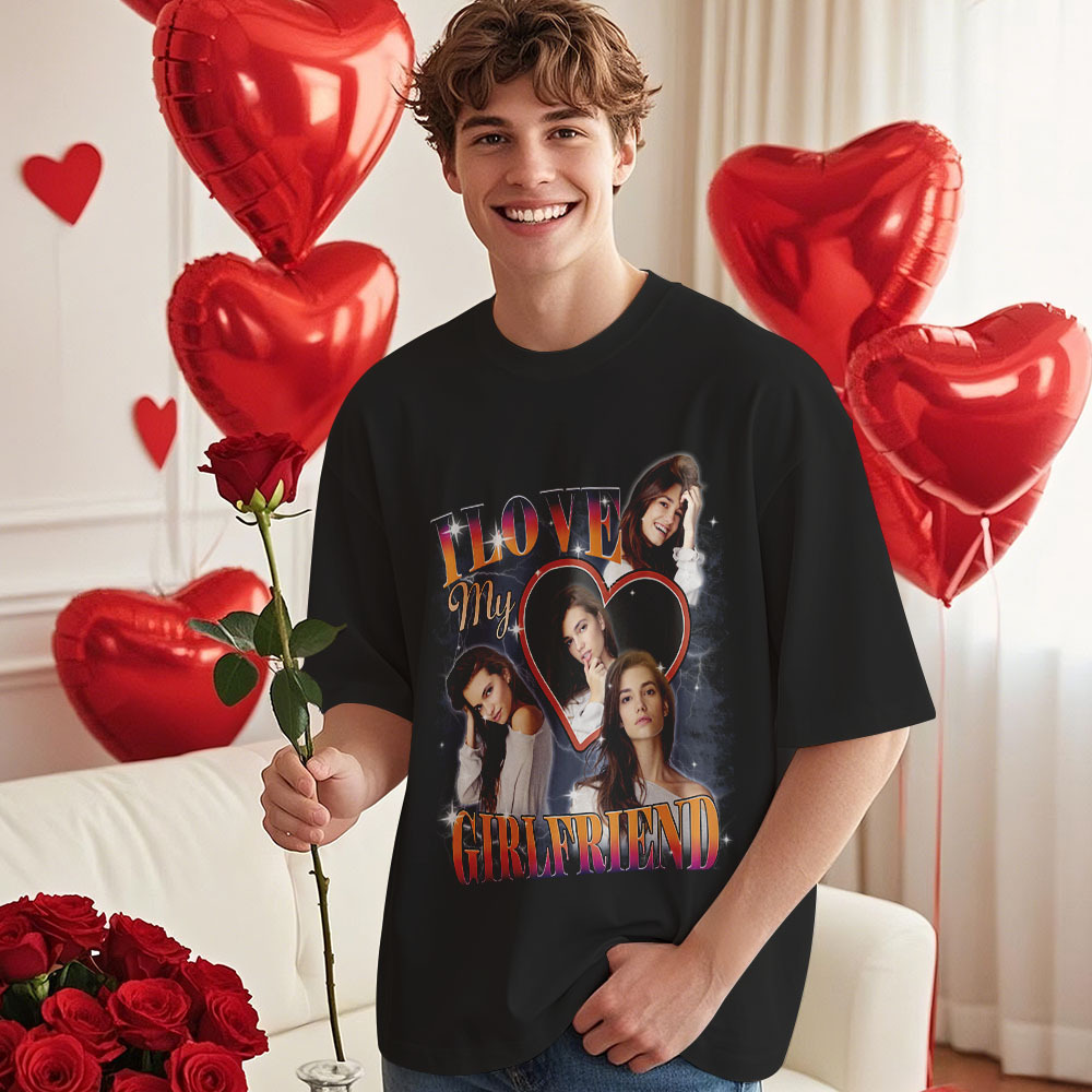 Custom Vintage Photo Printing T-shirt Personalized Soulmate I Love My Girlfriend Photo Heart T-shirt