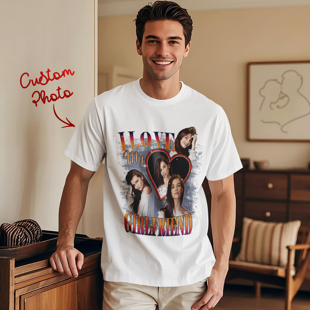 Custom Vintage Photo Printing T-shirt Personalized Soulmate I Love My Girlfriend Photo Heart T-shirt