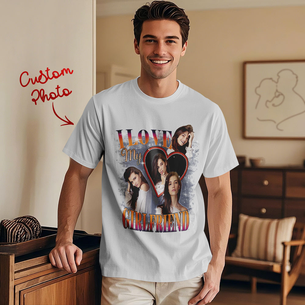 Custom Vintage Photo Printing T-shirt Personalized Soulmate I Love My Girlfriend Photo Heart T-shirt