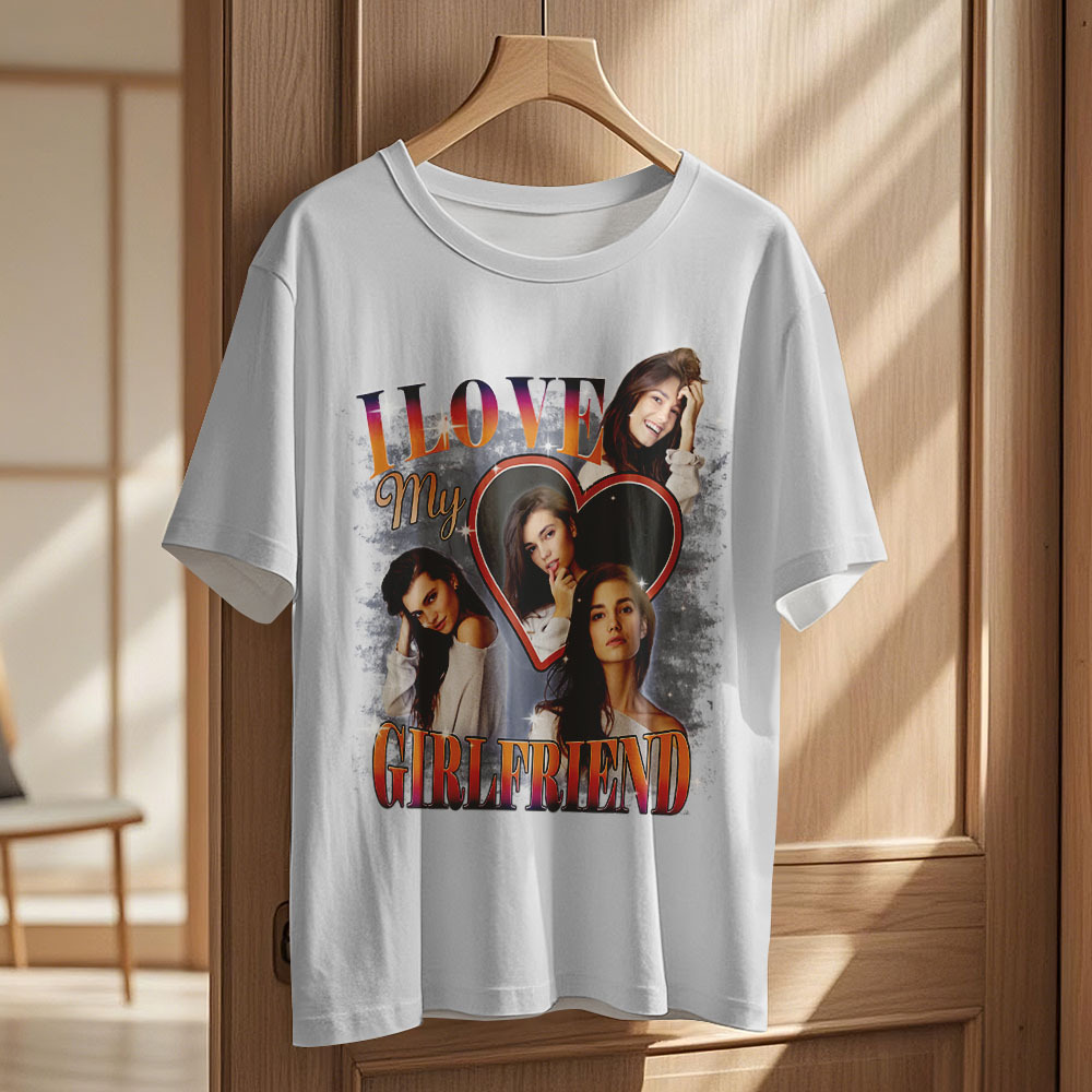 Custom Vintage Photo Printing T-shirt Personalized Soulmate I Love My Girlfriend Photo Heart T-shirt