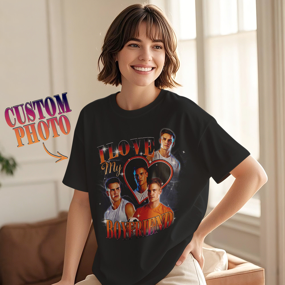 Custom Vintage Photo Printing T-shirt Personalized Soulmate I Love My Girlfriend Photo Heart T-shirt