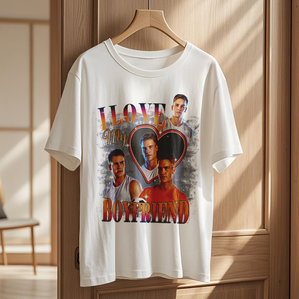 Custom Vintage Photo Printing T-shirt Personalized Soulmate I Love My Girlfriend Photo Heart T-shirt