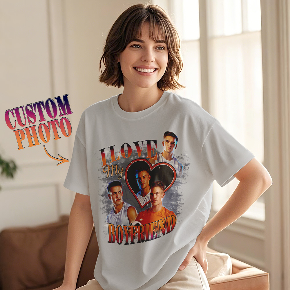 Custom Vintage Photo Printing T-shirt Personalized Soulmate I Love My Girlfriend Photo Heart T-shirt