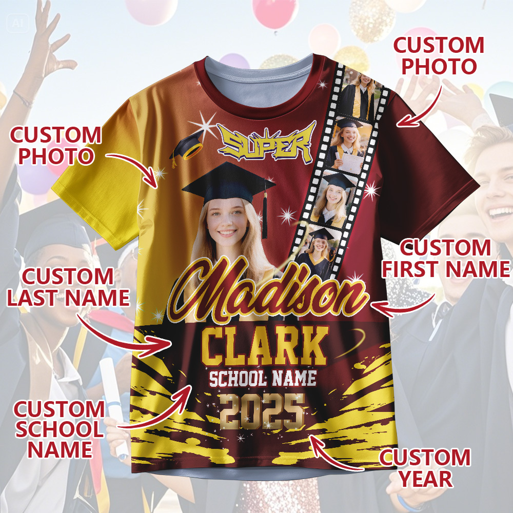 Custom Graduation T-Shirts Personalized All Over Print Shirt with Photo Graduation Party Gift