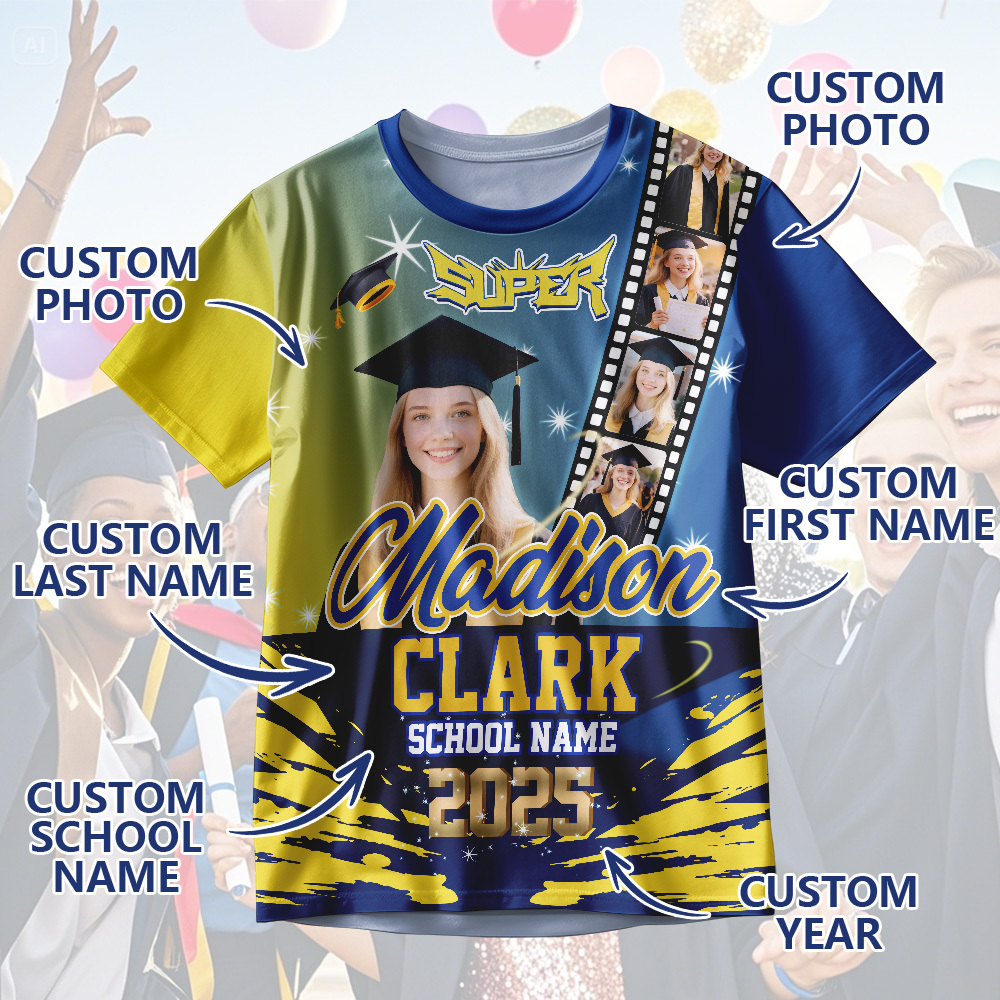 Custom Graduation T-Shirts Personalized All Over Print Shirt with Photo Graduation Party Gift