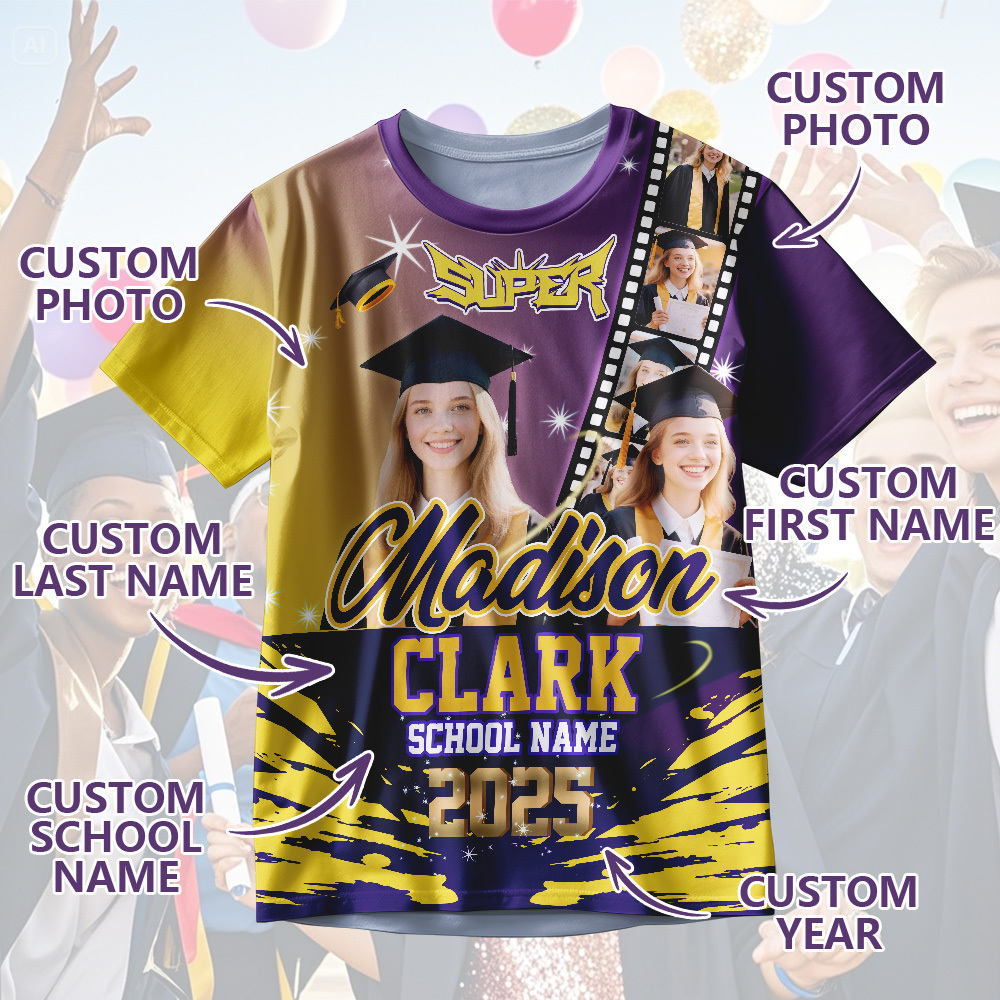 Custom Graduation T-Shirts Personalized All Over Print Shirt with Photo Graduation Party Gift
