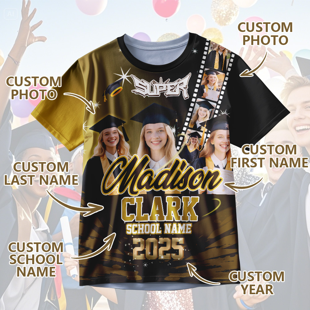 Custom Graduation T-Shirts Personalized All Over Print Shirt with Photo Graduation Party Gift